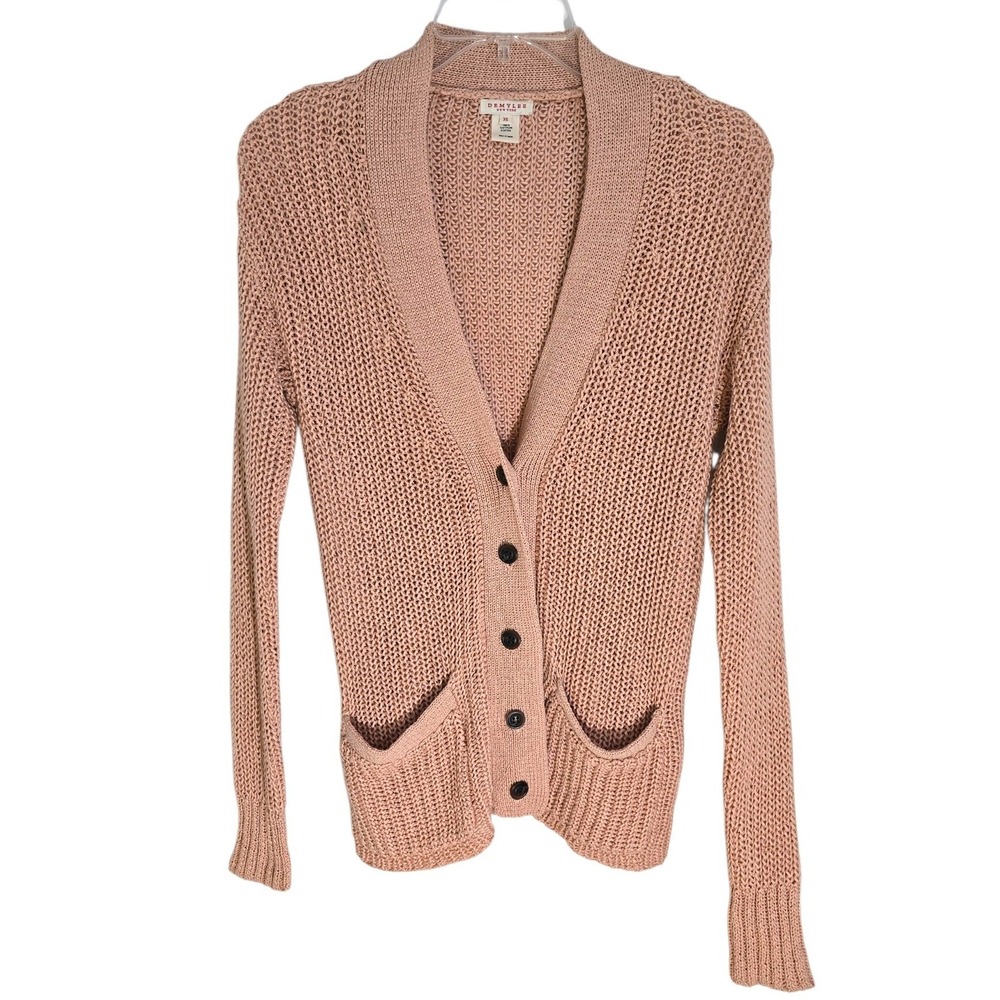DemyLee New York Womens XS Pink Cotton Open Knit Button Front Cardigan Sweater - Picture 2 of 11